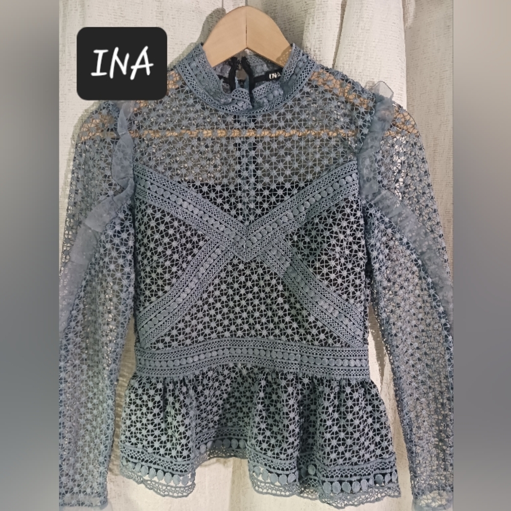 INA periwinkle lace overlay blouse womens XS peplum style